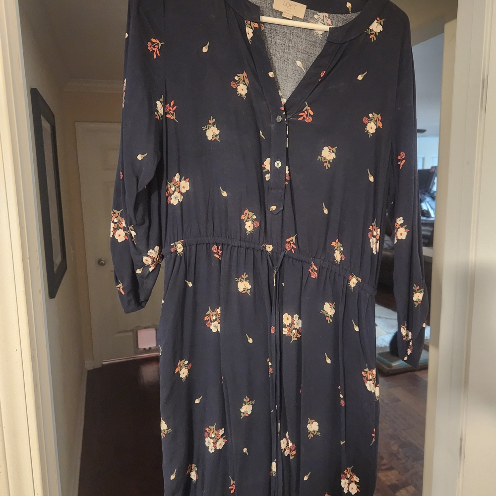 LOFT Navy Floral Long Sleeve Dress
